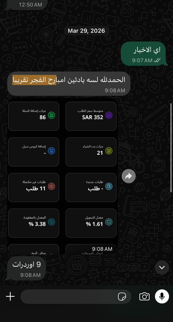 رسالة WhatsApp عن تسعة طلبات مع لوحة المتجر نفسها